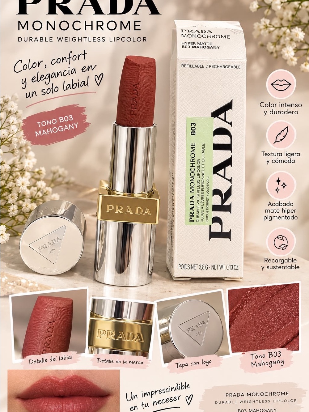 Prada Monochrome Lipcolor Tono B03 Mahogany - Deep Mahogany Red